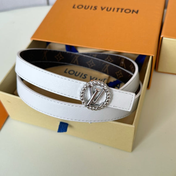 LV Circle Nautical 20mm Reversible Belt Silver Buckle White Brown Lambskin
