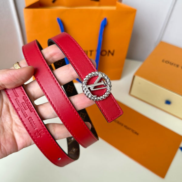 LV Circle Nautical 20mm Reversible Belt Silver Buckle Red Brown Lambskin