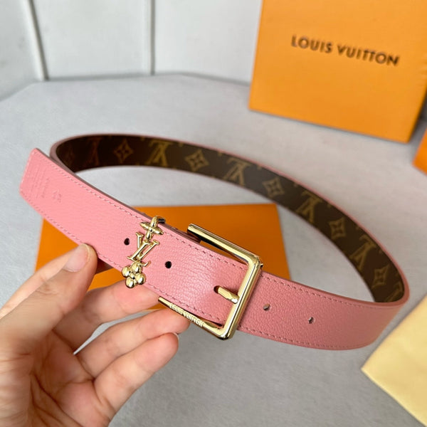 Cintura LV Bloom 30mm con fibbia dorata in pelle marrone rosa