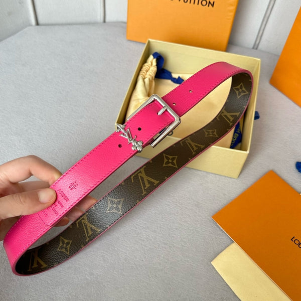 LV Bloom 30mm Belt Silver Buckle Hot Pink Brown Leather