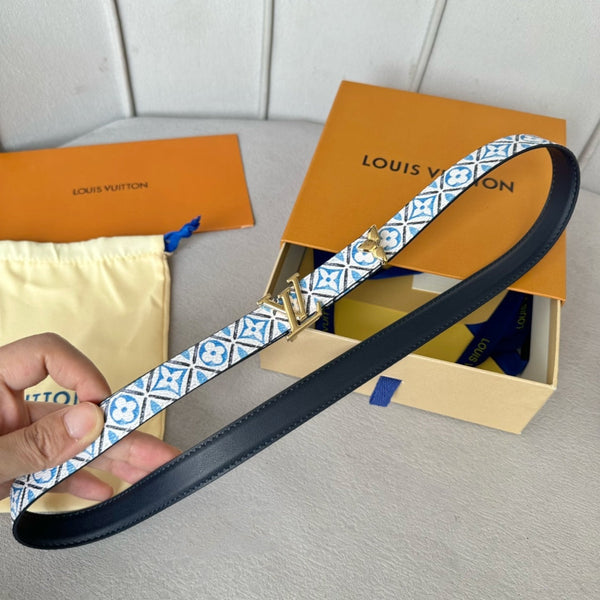 Bella cintura reversibile LV da 20 mm con fibbia dorata, in pelle nera, bianca e blu