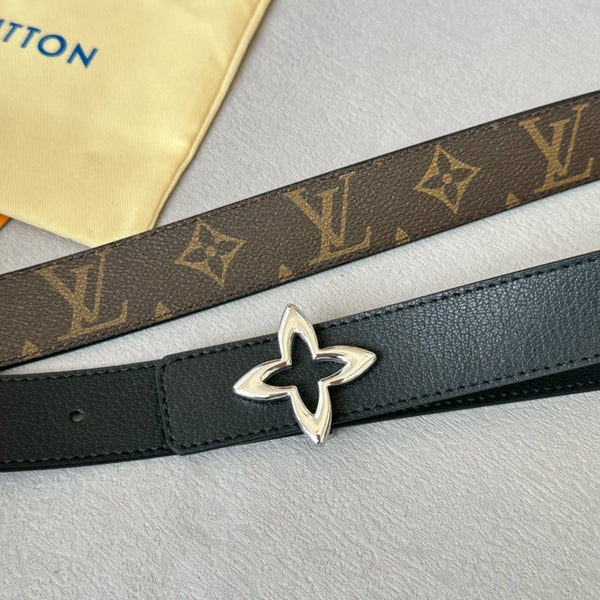 LV Flowergram 30mm Reversible Belt Silver Buckle Black Brown Leather
