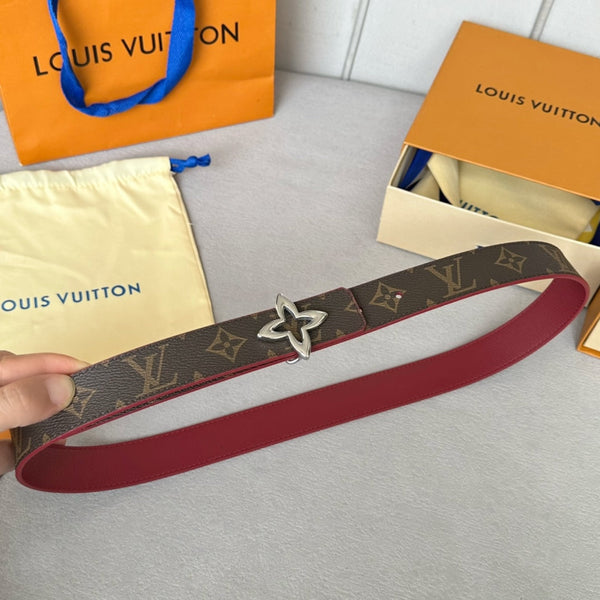 LV Flowergram 30mm Reversible Belt Silver Buckle Burgundy Brown Leather