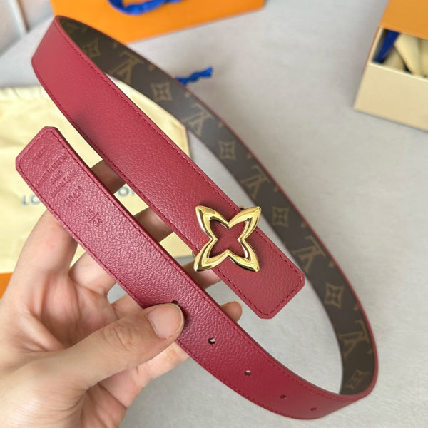 LV Flowergram 30mm Reversible Belt Gold Buckle Burgundy Brown Leather
