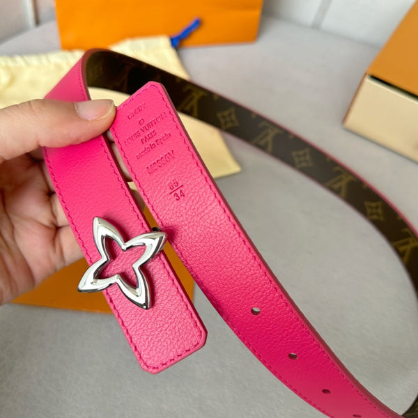 LV Flowergram 30mm Reversible Belt Silver Buckle Hot Pink Brown Leather