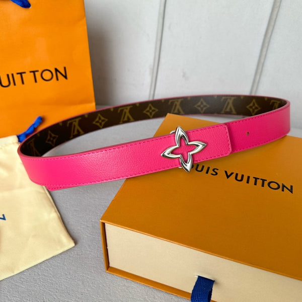 LV Flowergram 30mm Reversible Belt Silver Buckle Hot Pink Brown Leather