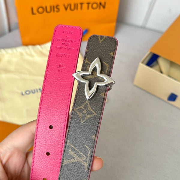 LV Flowergram 30mm Reversible Belt Silver Buckle Hot Pink Brown Leather