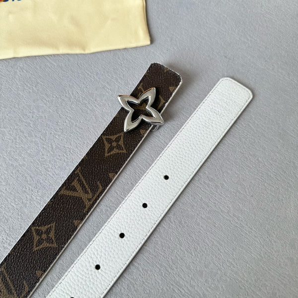 LV Flowergram 30mm Reversible Belt Silver Buckle White Brown Leather