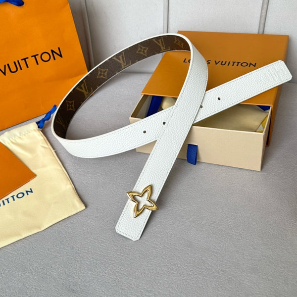 LV Flowergram 30mm Reversible Belt Gold Buckle White Brown Leather