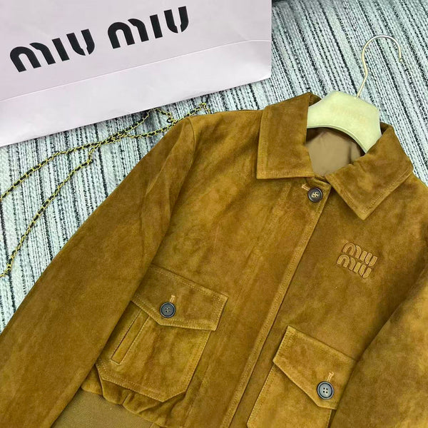 Miu Miu 25 Suede Short Coat Brown Yellow 302344