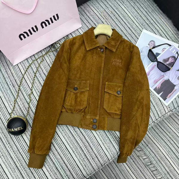 Miu Miu 25 Suede Short Coat Brown Yellow 302344