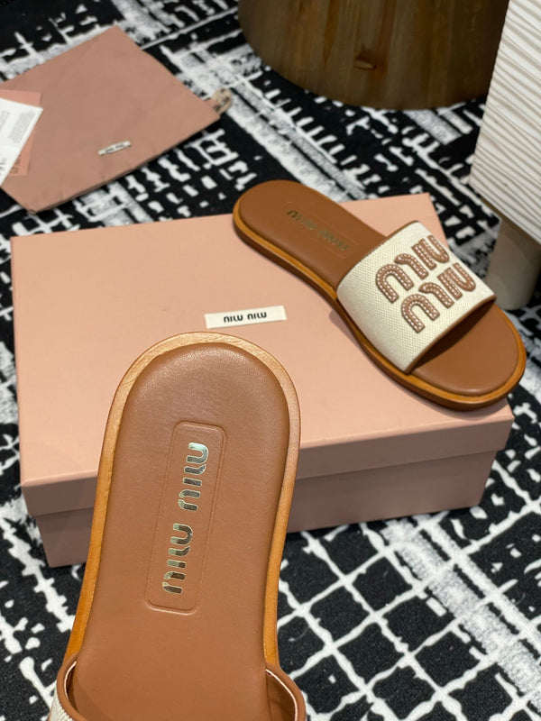 Miu 25S Ciabatte in tela e pelle beige e brandy 227134