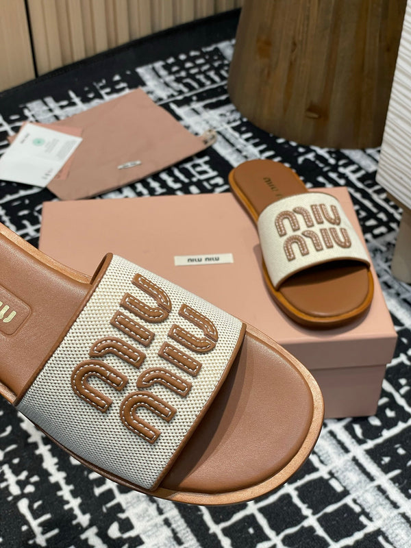 Miu 25S Ciabatte in tela e pelle beige e brandy 227134