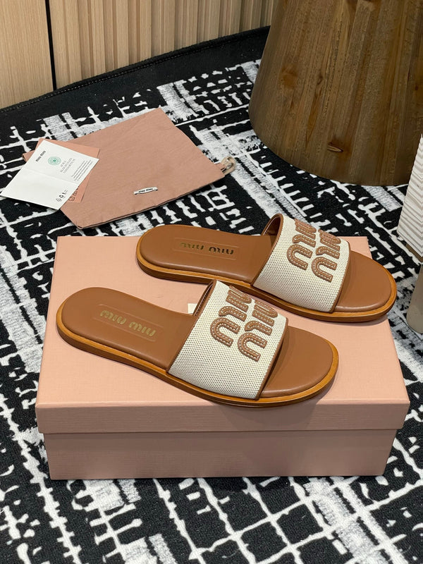 Miu 25S Ciabatte in tela e pelle beige e brandy 227134