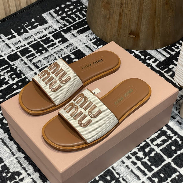 Miu 25S Beige and Brandy Canvas and leather slides 227134