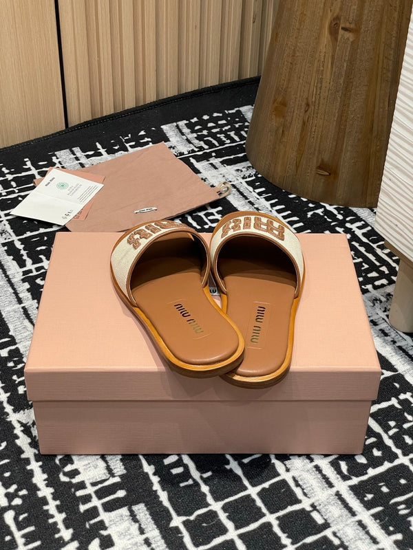 Miu 25S Ciabatte in tela e pelle beige e brandy 227134