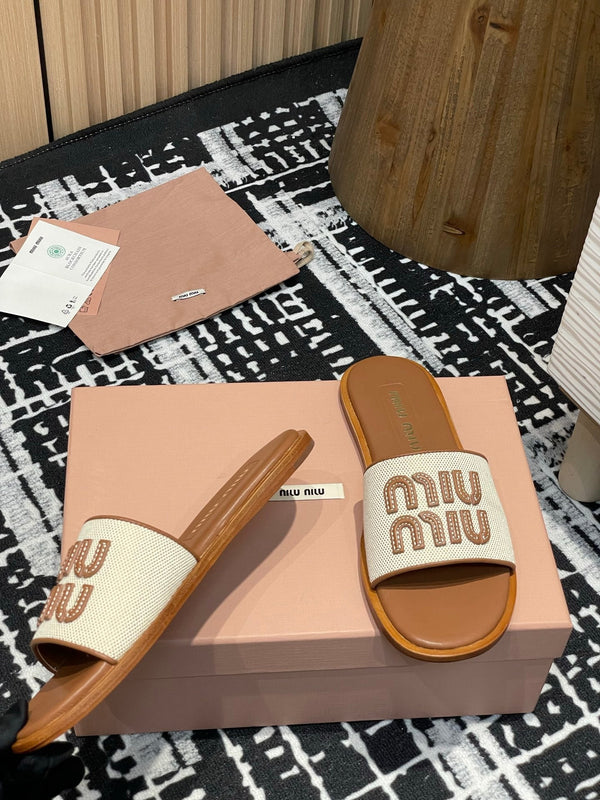 Miu 25S Ciabatte in tela e pelle beige e brandy 227134