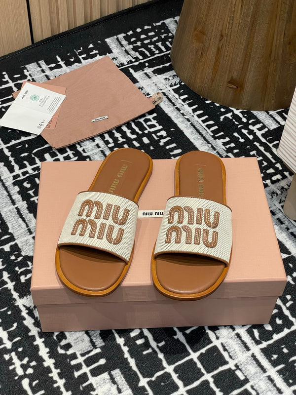 Miu 25S Ciabatte in tela e pelle beige e brandy 227134