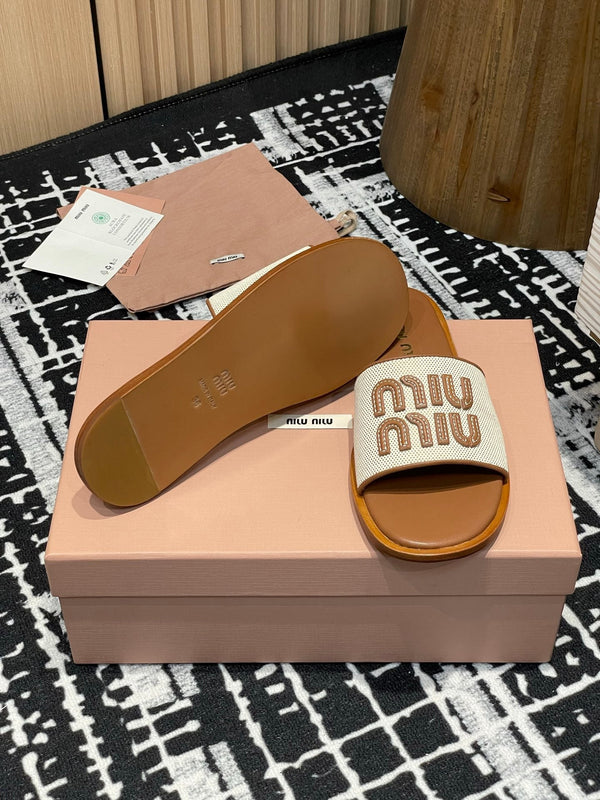 Miu 25S Ciabatte in tela e pelle beige e brandy 227134