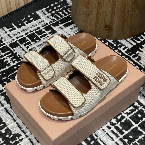 Miu 25S Beige and Brandy Canvas slides 227136