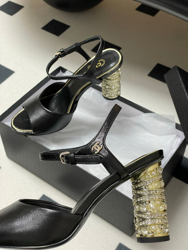 CC 25p Slingback Heel 8cm Black Calfskin