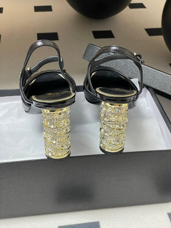 CC 25p Slingback Heel 8cm Black Calfskin