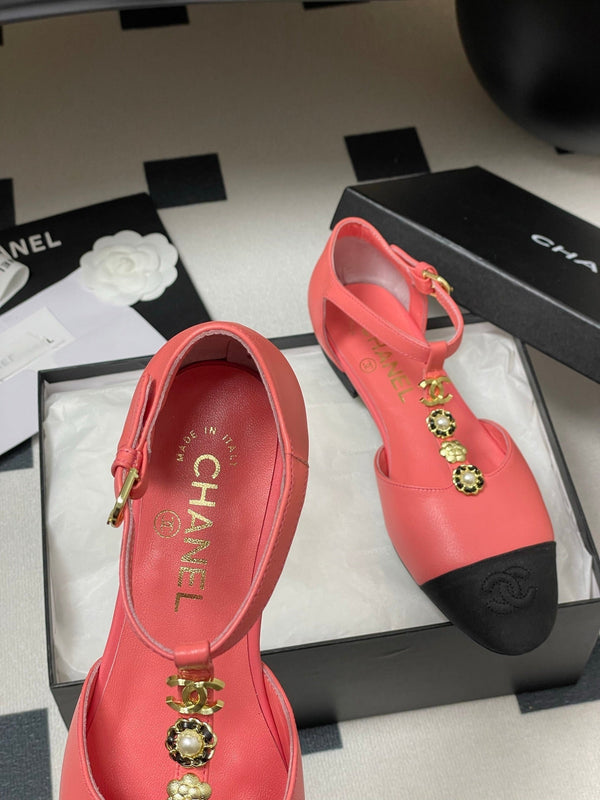 CC 25S Jewelry Double C Buckle T-Strap Mary Jane Hot Pink Lambskin Black Grosgrain 247711