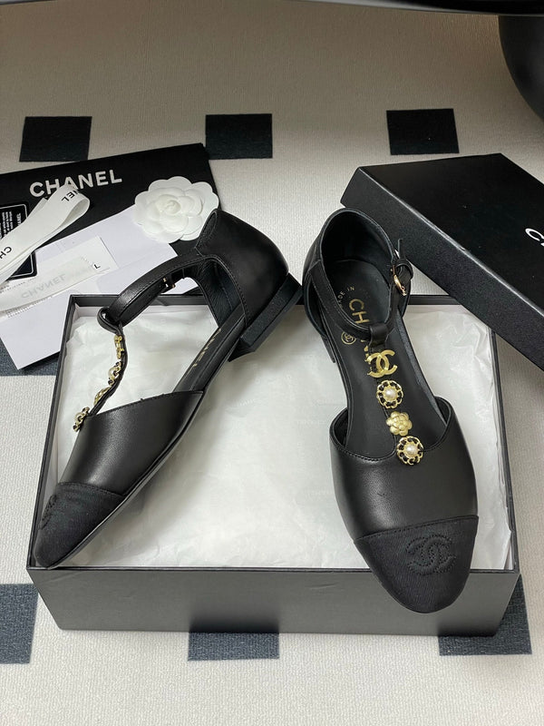 CC 25S Jewelry Double C Buckle T-Strap Mary Jane Black Lambskin Grosgrain 247713