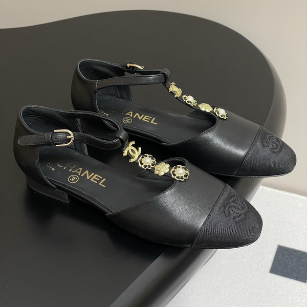 CC 25S Jewelry Double C Buckle T-Strap Mary Jane Black Lambskin Grosgrain 247713