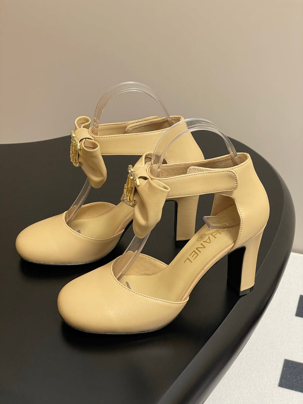 CC 25S Double C Rhinestone Buckle Bow High Heel Pump 85 Beige Sheepskin 247571