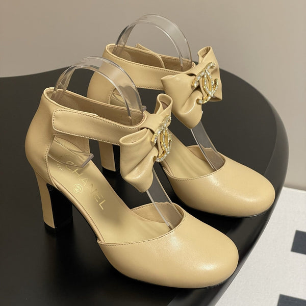 CC 25S Double C Rhinestone Buckle Bow High Heel Pump 85 Beige Sheepskin 247571