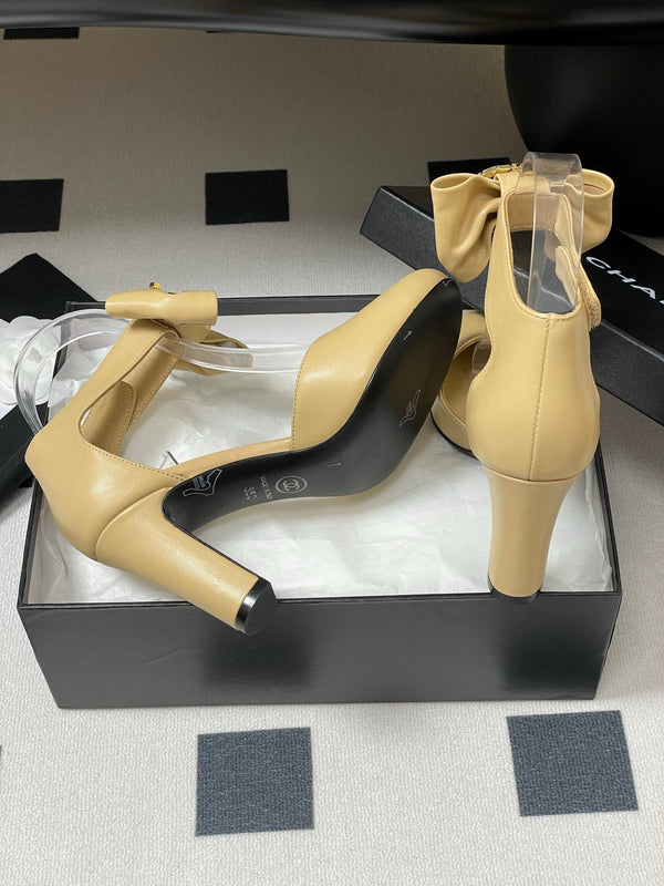 CC 25S Double C Rhinestone Buckle Bow High Heel Pump 85 Beige Sheepskin 247571