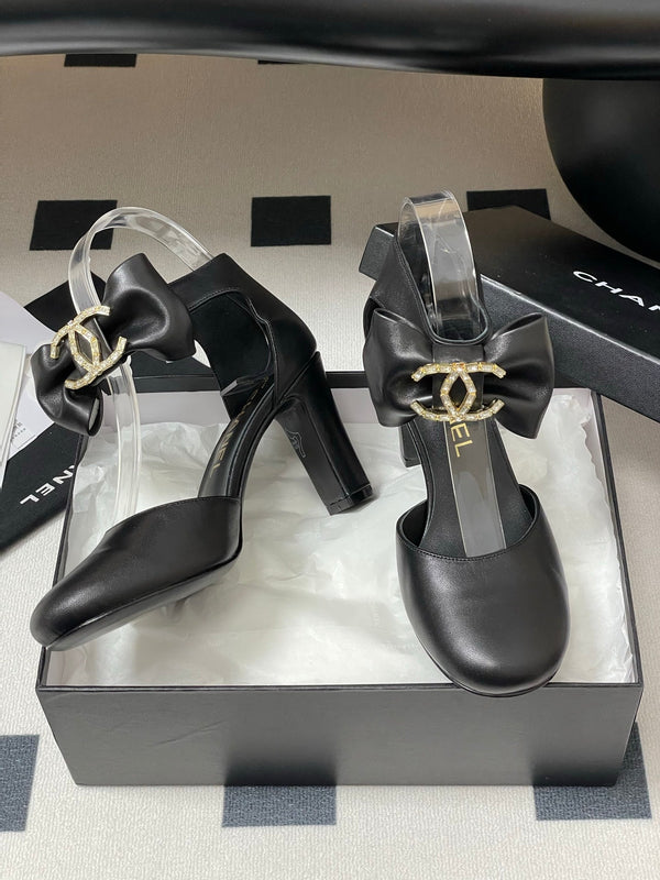 CC 25S Double C Rhinestone Buckle Bow High Heel Pump 85 Black Sheepskin 247573