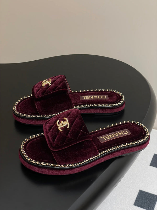 CC 25S Chain Ring Edge Buckle Bag Mule Sandal Wine Velvet 247584