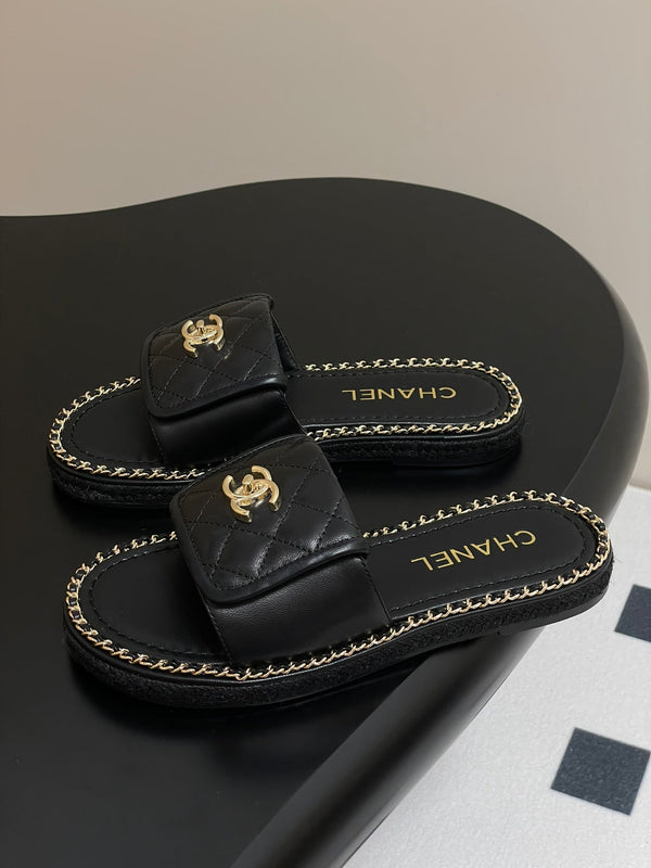 CC 25S Chain Ring Edge Buckle Bag Mule Sandal Black Sheepskin 247588