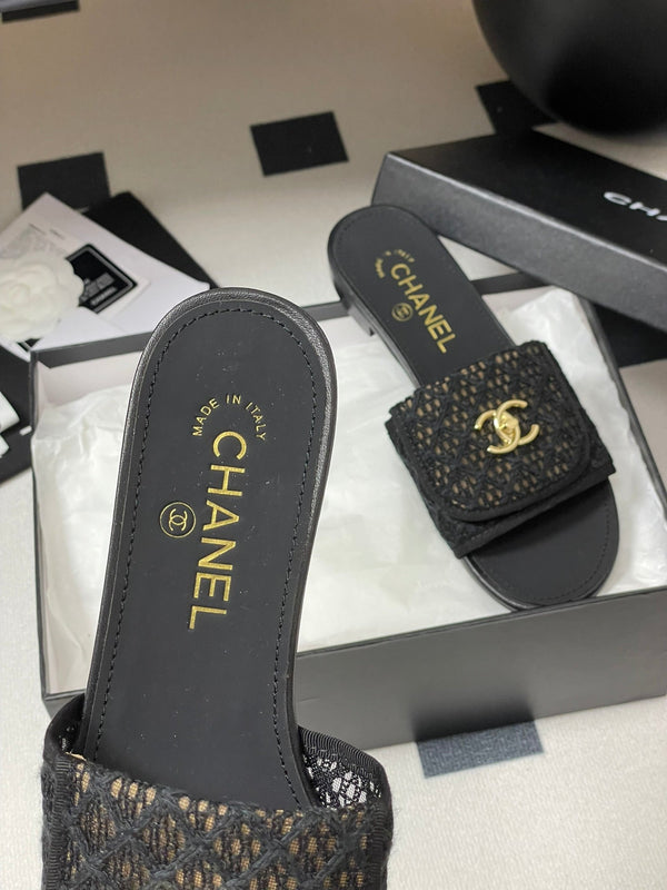 CC 25S Buckle Bag Mule Black Lace Fabric and Sheepskin 247589