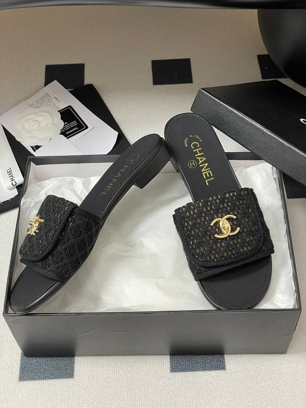 CC 25S Buckle Bag Mule Black Lace Fabric and Sheepskin 247589