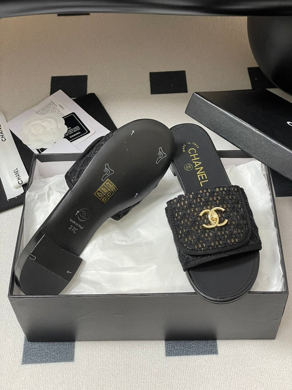 CC 25S Buckle Bag Mule Black Lace Fabric and Sheepskin 247589