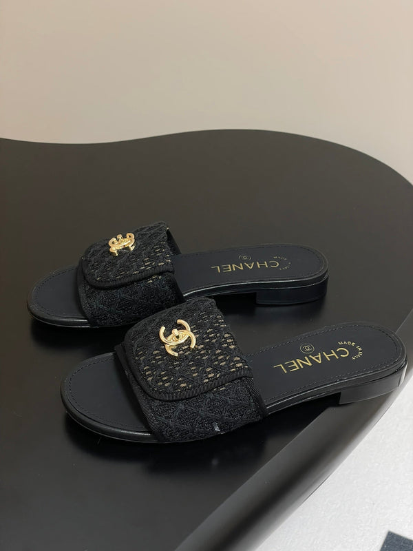 CC 25S Buckle Bag Mule Black Lace Fabric and Sheepskin 247589