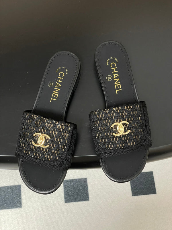 CC 25S Buckle Bag Mule Black Lace Fabric and Sheepskin 247589