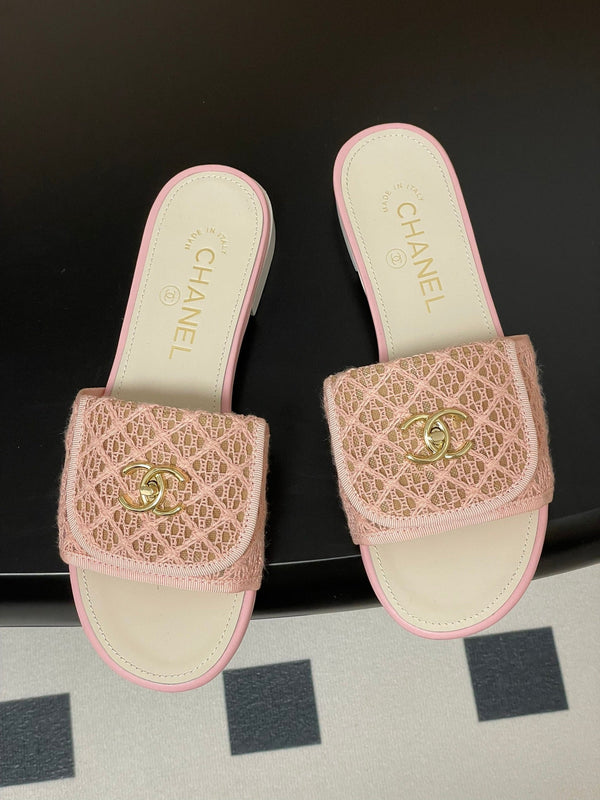 CC 25S Buckle Bag Mule Pink Lace Fabric White Sheepskin 247592