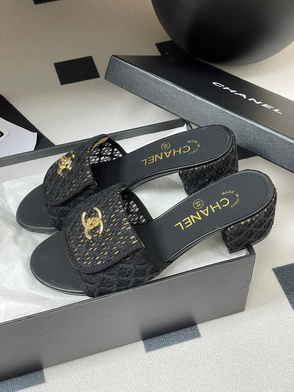 CC 25S Buckle Bag Mule Sandal 50mm Black Lace Fabric and Sheepskin 247593