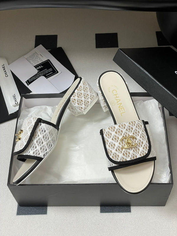 CC 25S Buckle Bag Mule Sandal 50mm White Mix Black Lace Fabric and Sheepskin 247594