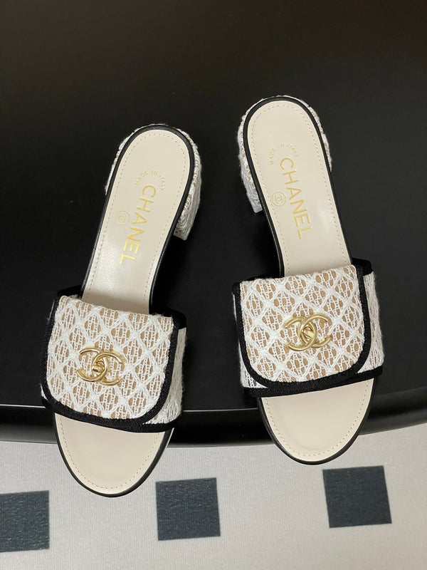 CC 25S Buckle Bag Mule Sandal 50mm White Mix Black Lace Fabric and Sheepskin 247594