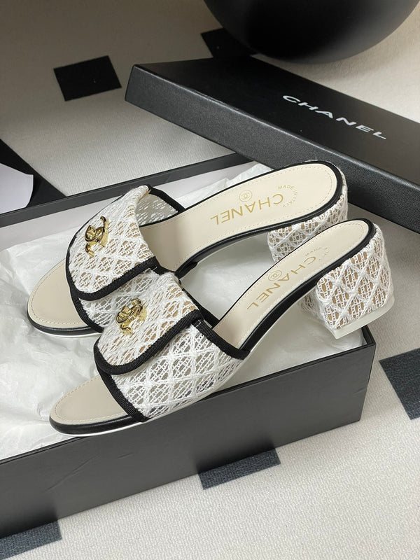 CC 25S Buckle Bag Mule Sandal 50mm White Mix Black Lace Fabric and Sheepskin 247594