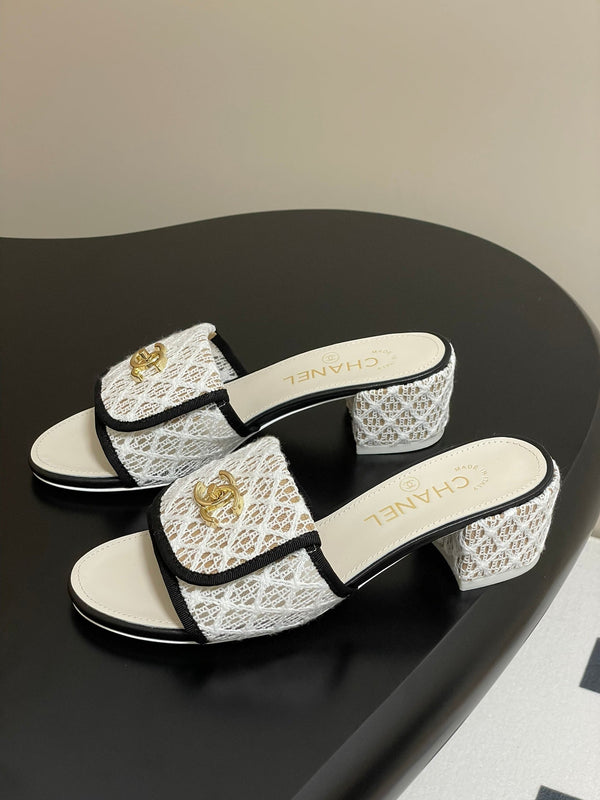 CC 25S Buckle Bag Mule Sandal 50mm White Mix Black Lace Fabric and Sheepskin 247594