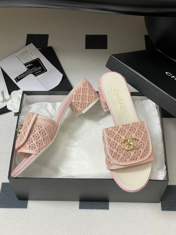 CC 25S Buckle Bag Mule Sandal 50mm Pink Lace Fabric and White Sheepskin 247596