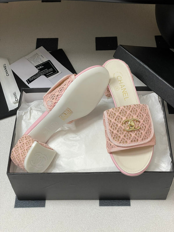 CC 25S Buckle Bag Mule Sandal 50mm Pink Lace Fabric and White Sheepskin 247596