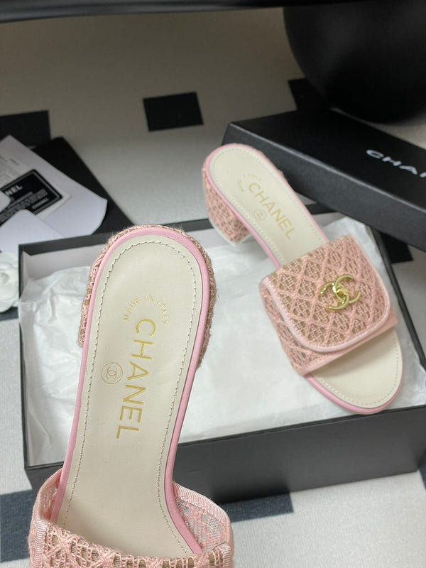 CC 25S Buckle Bag Mule Sandal 50mm Pink Lace Fabric and White Sheepskin 247596