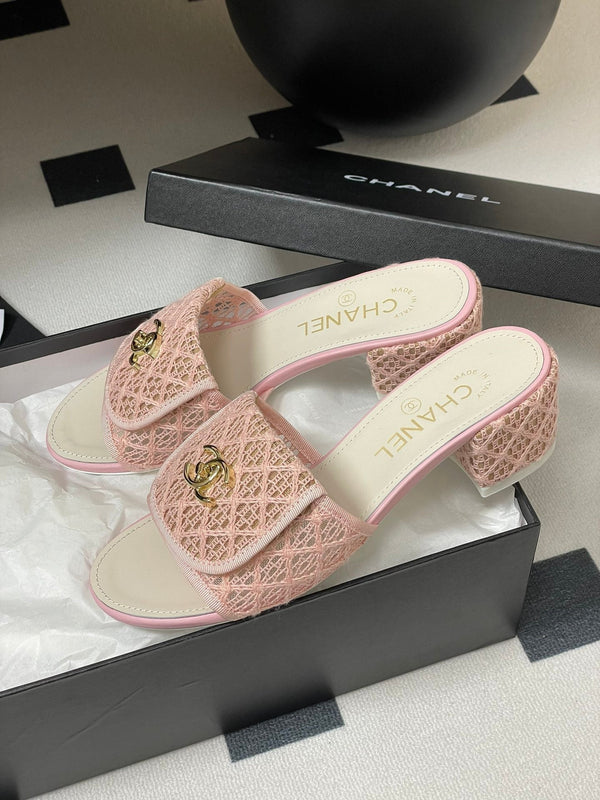 CC 25S Buckle Bag Mule Sandal 50mm Pink Lace Fabric and White Sheepskin 247596